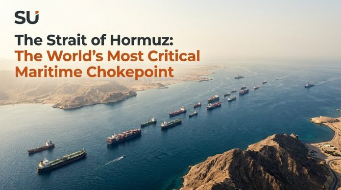 High aerial photo of the Strait of Hormuz, a narrow maritime channel with many oil tankers following designated shipping lanes. Text reads, 