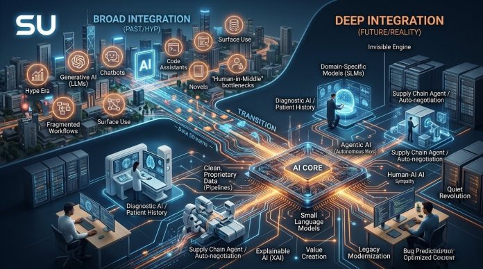A conceptual infographic showing the transition from surface-level generative AI to deep, core-integrated agentic AI in a professional environment with SU logo.