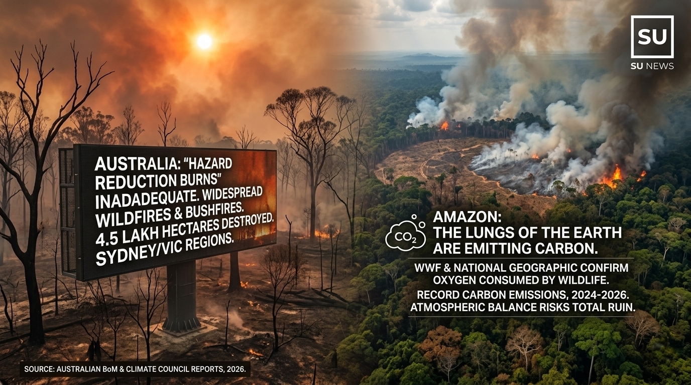A realistic image featuring a scorched, burnt landscape of Australia with skeletal trees on the left and a burning section of the dense Amazon rainforest on the right. The sky is dark with smoke. A text overlay reads "D. AUSTRALIA & SOUTH AMERICA: BUSHFIRES & DEFORESTATION - 4.5 LAKH HECTARES IN VICTORIA. AMAZON CARBON EMISSIONS." The SU News logo is in the top right, illustrating the environmental impact of climate change in 2026.