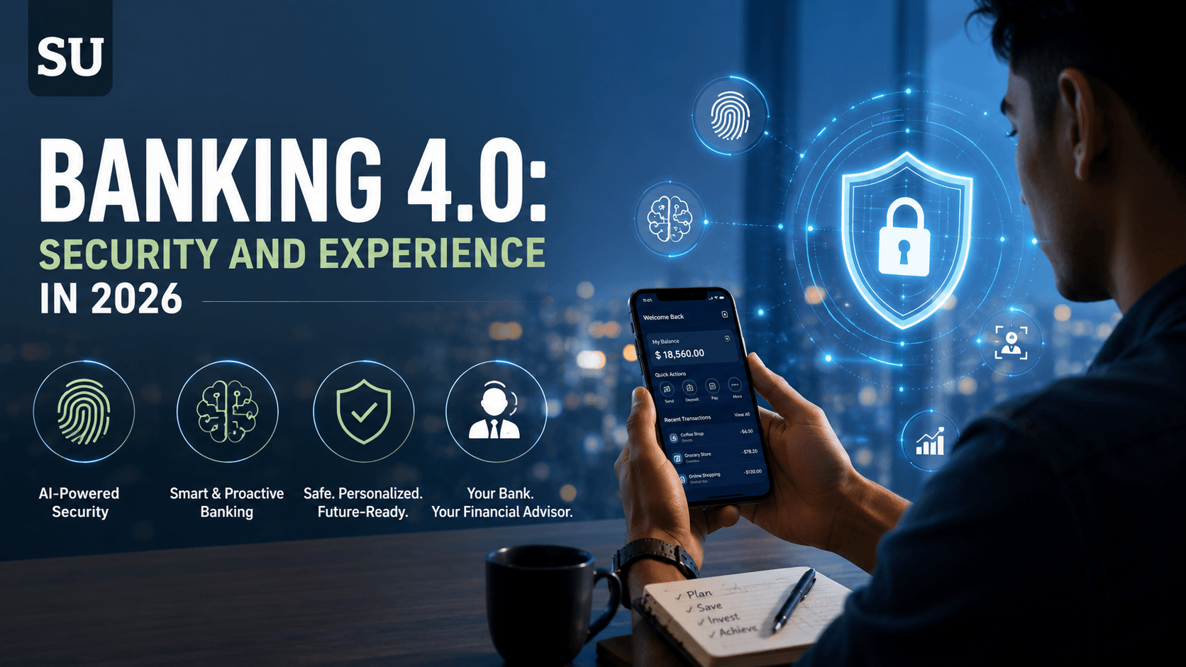 Man using a futuristic mobile banking app with AI security icons, biometric authentication, and digital banking technology in 2026 with SU logo.