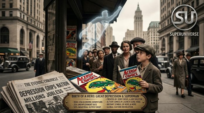 A vintage 1930s newsstand showing Action Comics 1 alongside newspapers reporting the Great Depression, with a glowing Superman silhouette and SU logo.