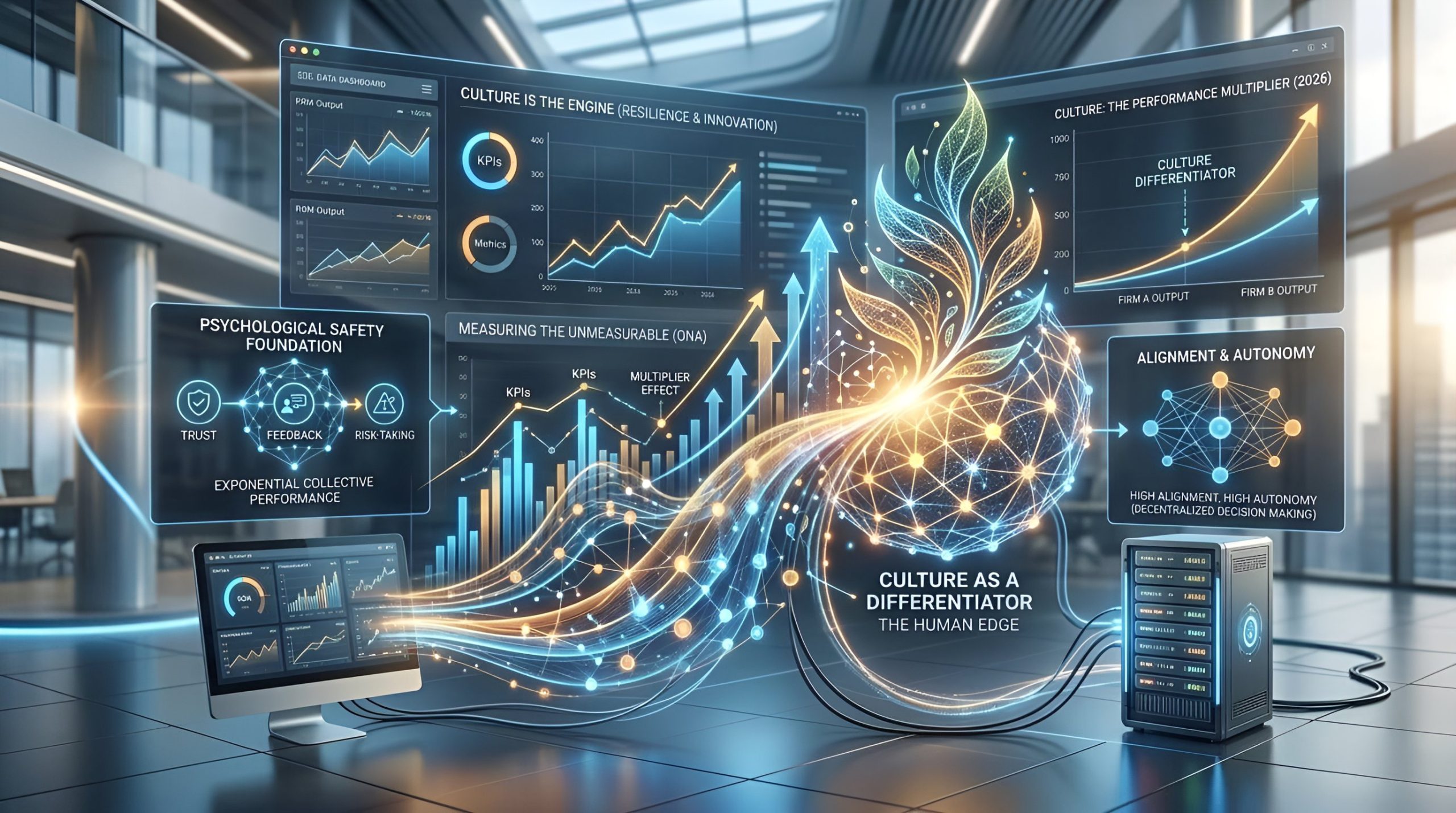 A futuristic office dashboard showing culture as a differentiator with various growth charts and a server connection.