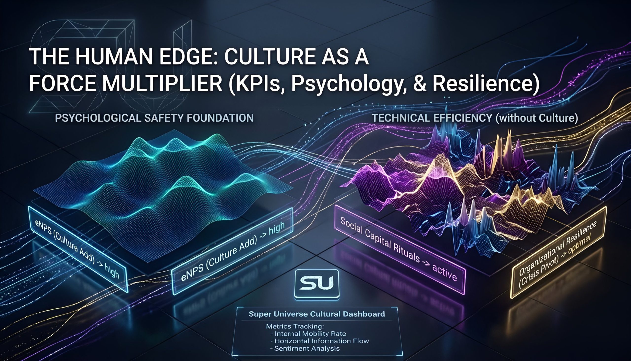 A 3D digital visualization showing the difference between psychological safety foundation and technical efficiency metrics.