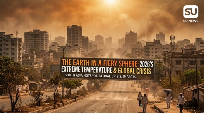 A realistic image of a scorching, hazy urban city skyline in South Asia during a severe 2026 heatwave. Heat waves shimmer off the asphalt road. A billboard shows the text 