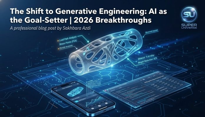 A high-tech digital visualization of generative engineering showing a 3D lattice structure with AI analysis data on a futuristic interface and smartphone.