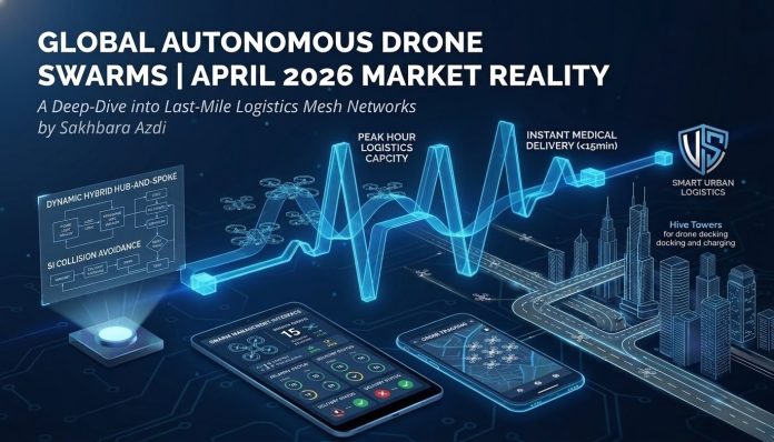 A futuristic infographic of an autonomous drone swarm network in a smart city, featuring logistics data charts, drone management apps on smartphones, and high-rise Hive Towers for docking, labeled 