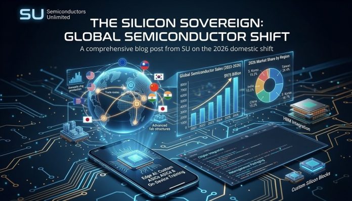 Futuristic 3D infographic of global semiconductor market trends in 2026, featuring growth charts, regional market shares, and custom silicon chip designs with the SU logo.