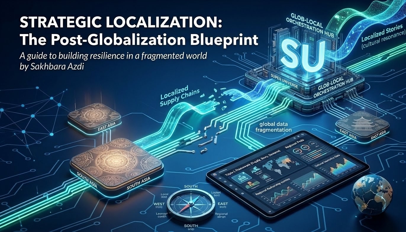 A futuristic digital infographic showing localized supply chains, data fragmentation, and regional orchestration hubs with the SU logo.