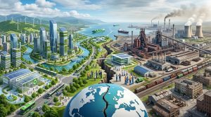 A conceptual split-screen landscape showing a modern eco-friendly city with green skyscrapers on one side and a traditional heavy industrial complex on the other, representing the economic and environmental "Green Divide.