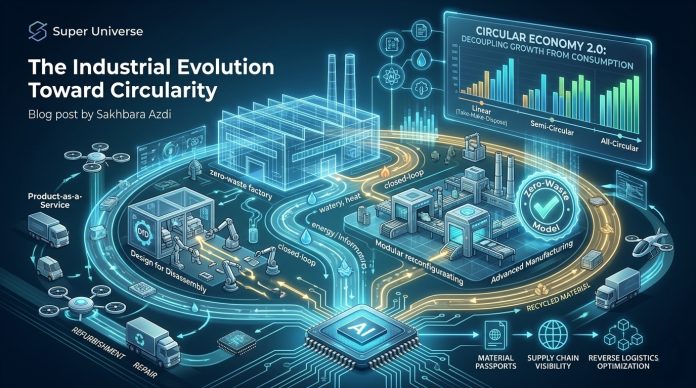 An infographic illustrating a circular economy 2.0 model, featuring a zero-waste factory, AI-driven manufacturing, and data charts comparing linear versus all-circular industrial growth.