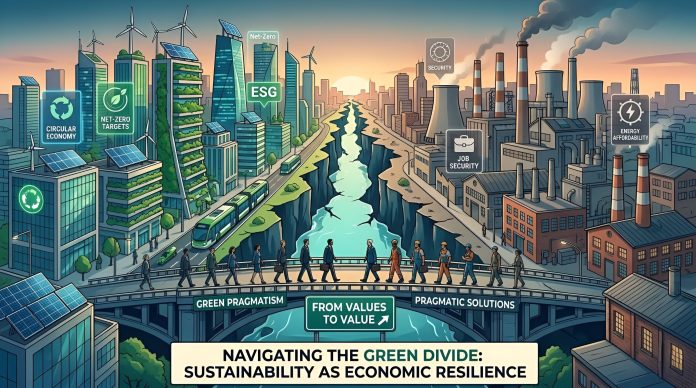 A conceptual image showing the Green Divide with sustainable green buildings on one side and industrial factories on the other, bridged by green pragmatism