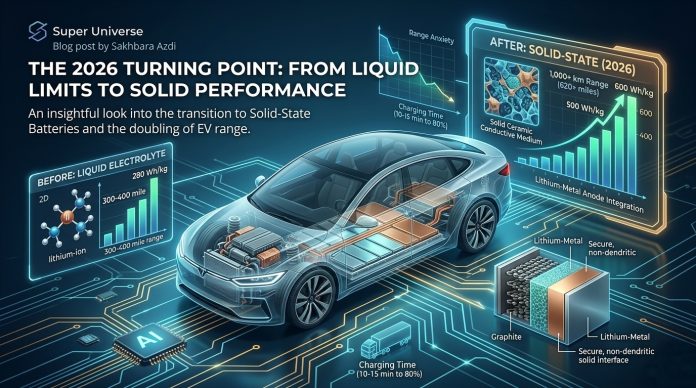 An infographic illustrating the transition from liquid electrolyte batteries to solid-state batteries in electric vehicles, showcasing improvements in range and charging time.