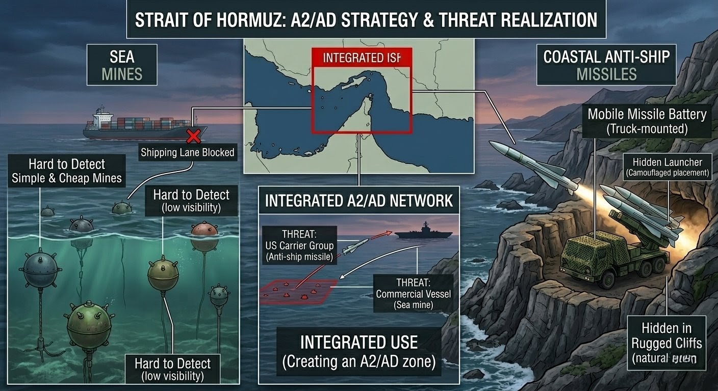 Infographic diagram with four panels detailing maritime threats in the Strait of Hormuz: Sea Mines, Coastal Anti-Ship Missiles, Integrated A2/AD Network, and Integrated Use scenario.