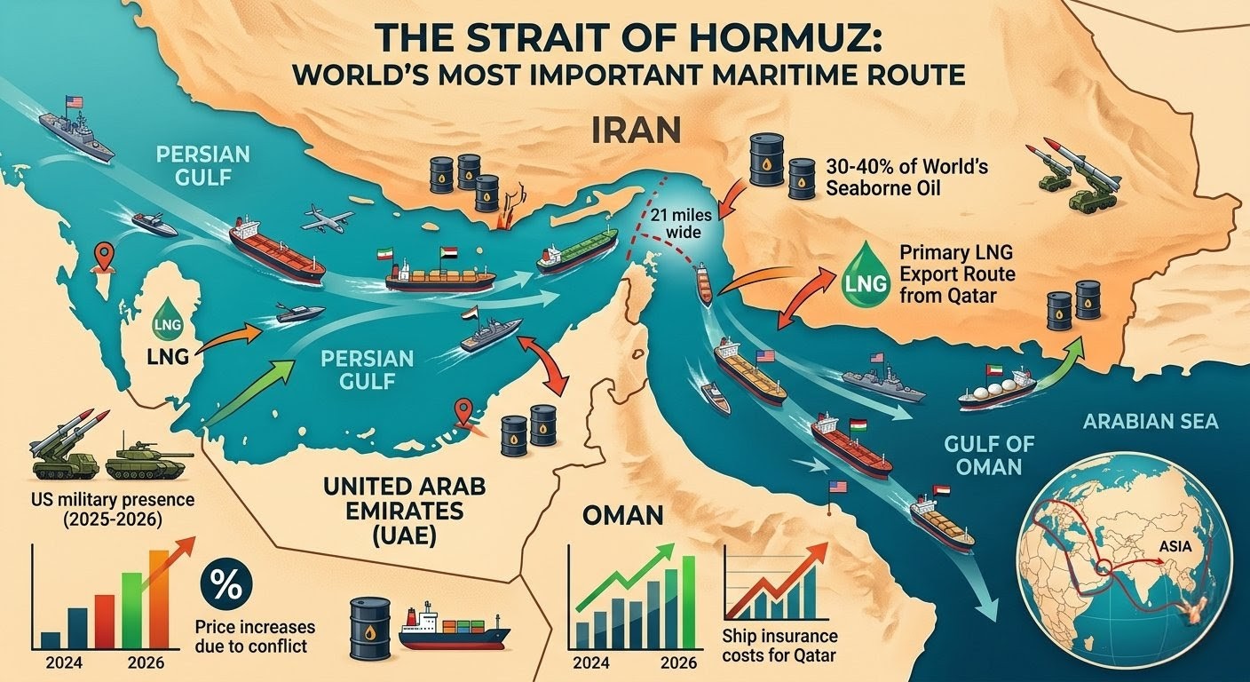 Map infographic of the Strait of Hormuz showing Iran, Oman, UAE, shipping lanes, missile systems, oil flow, and economic charts.
