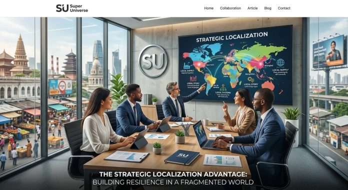 A diverse team of business professionals in a modern office analyzing a global map for strategic localization and regional supply chains.