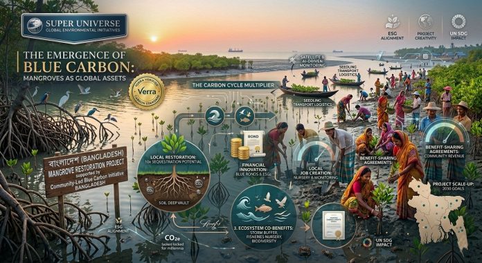 An artistic infographic showing mangrove restoration in Bangladesh, featuring coastal communities planting trees, carbon cycle diagrams, and data on blue carbon bonds and ESG alignment.