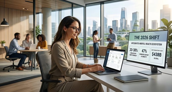 A futuristic premium concept image showing a modern hybrid workspace with the Super Universe logo, highlighting the transition of mental health from a perk to organizational infrastructure in 2026.