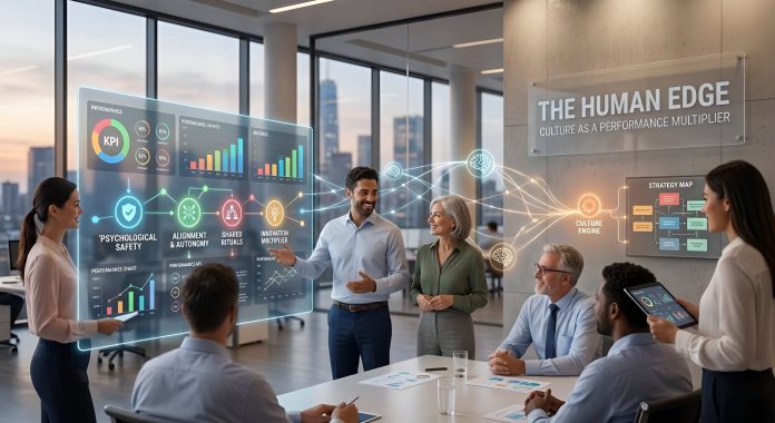 A diverse team of professionals in a modern boardroom interacting with a large holographic cultural strategy screen.