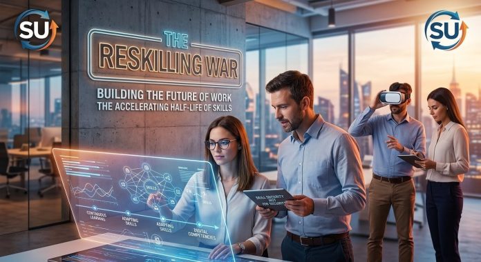 Modern professionals in a high-tech office environment engaging in continuous learning and digital upskilling with AI tools and futuristic interfaces, featuring SU logo.
