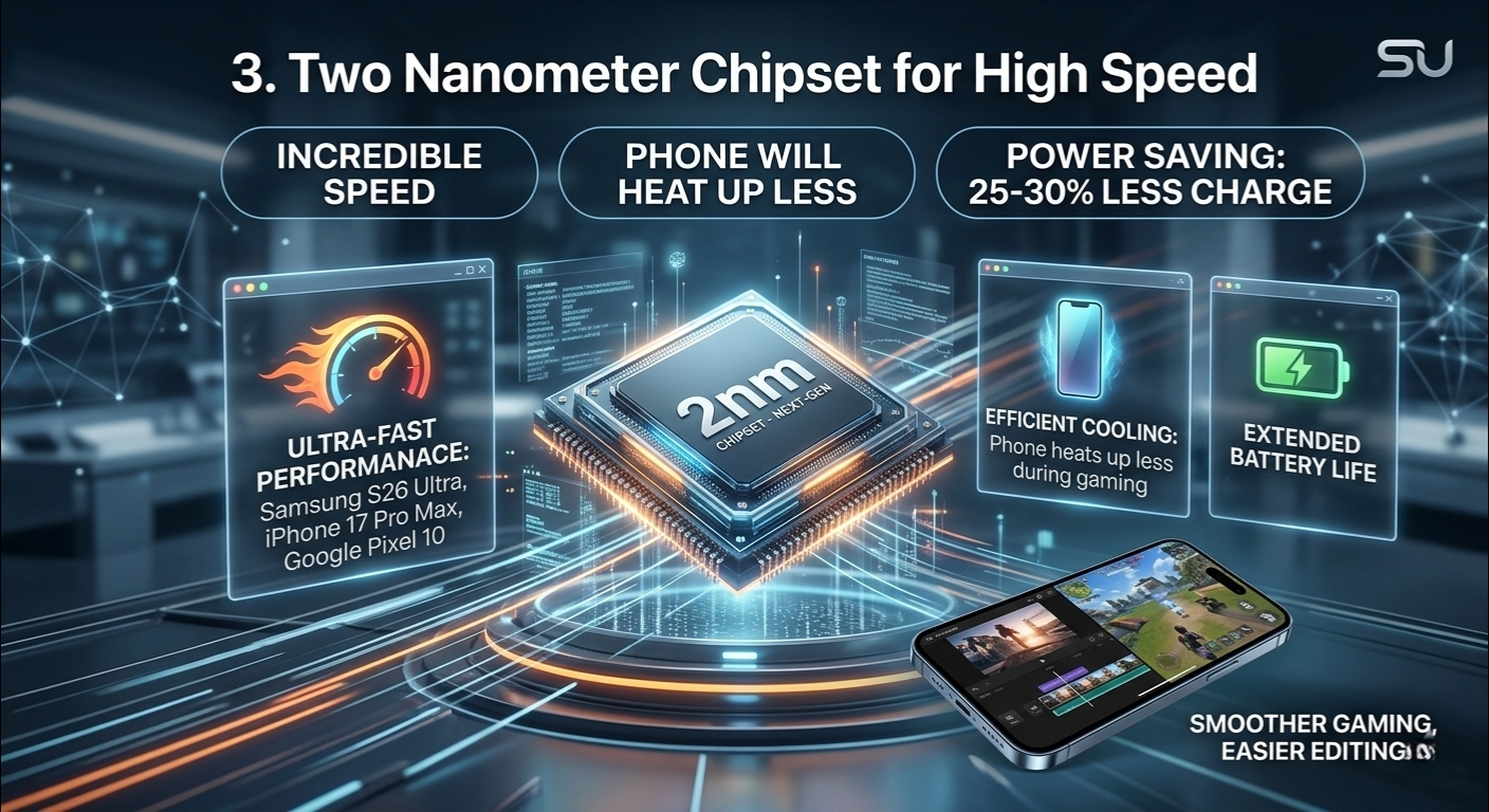 A high-performance 2nm mobile processor chip showcasing incredible speed, efficient cooling, and power-saving features for flagship phones.