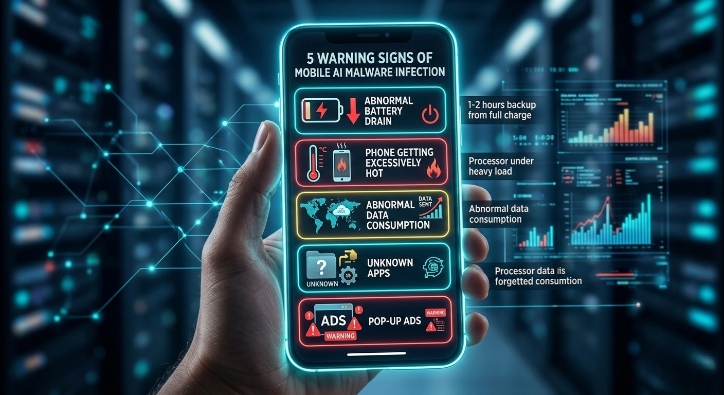 Infographic showing 5 warning signs of phone malware: battery drain, phone overheating, abnormal data usage, unknown apps, and pop-up ads.