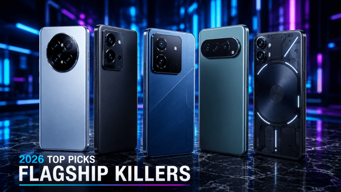 Futuristic budget flagship smartphones of 2026 displayed with neon lighting in a premium tech showcase banner.