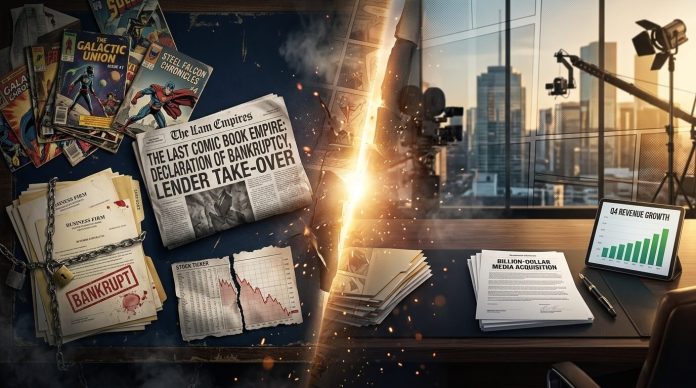 A cinematic editorial banner showing a split-screen contrast: the left side features scattered vintage comic books and bankruptcy headlines with red stamps, while the right side shows a luxury corporate desk with billion-dollar deal documents and a modern city skyline.