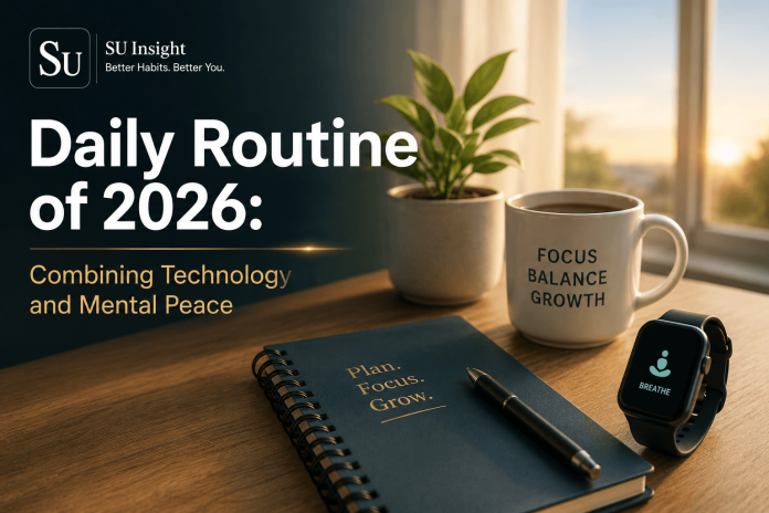An aesthetic morning desk with a notebook, coffee mug, and smartwatch representing the daily routine of 2026.