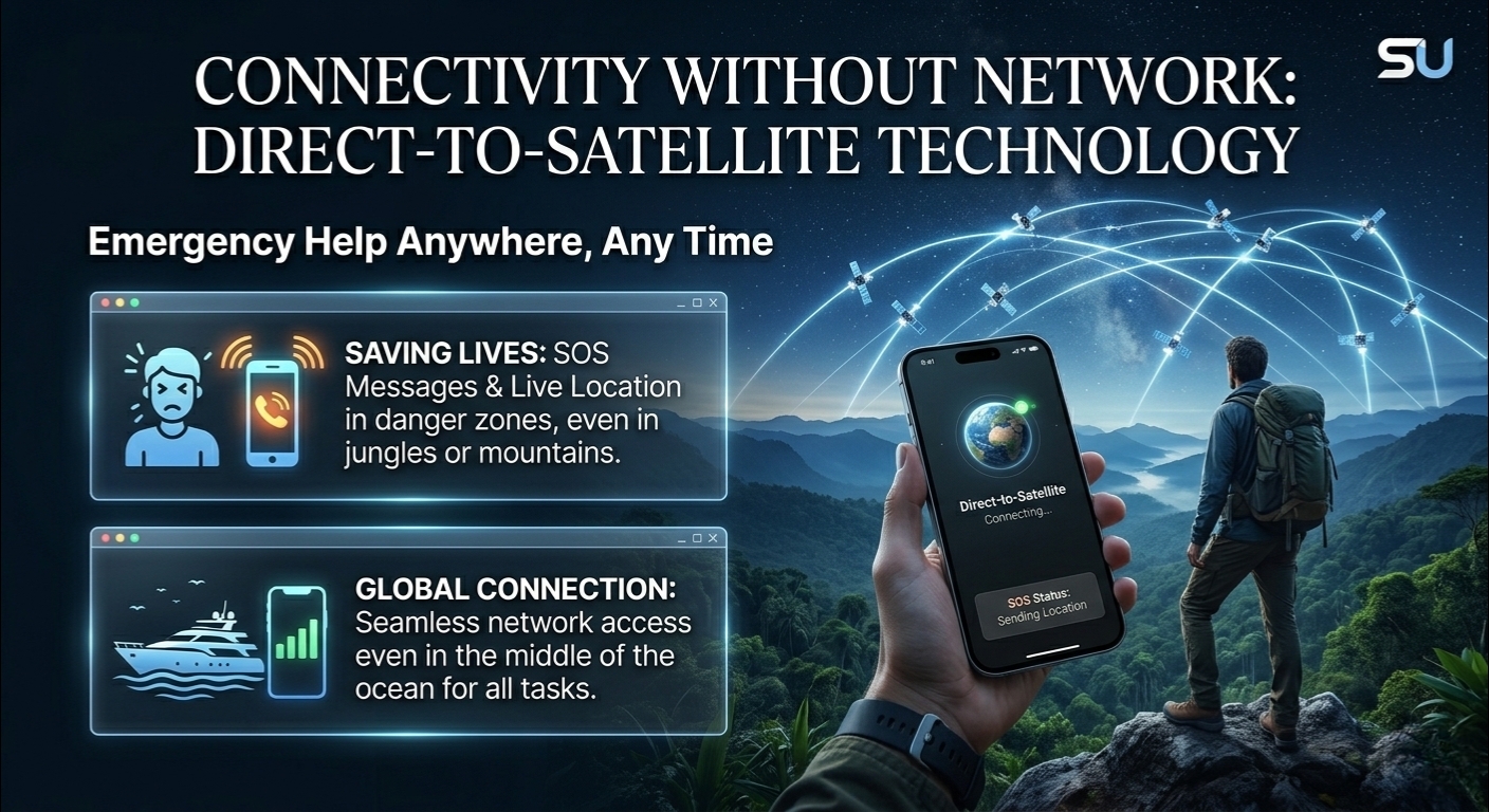 A person using a smartphone with direct-to-satellite connectivity in a remote mountain area with satellite icons in the sky.