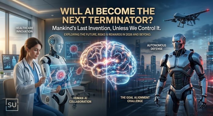 A high-quality conceptual image showing two sides of AI: a medical robot assisting a human doctor and a combat robot with a drone, representing the risks and rewards of artificial intelligence.