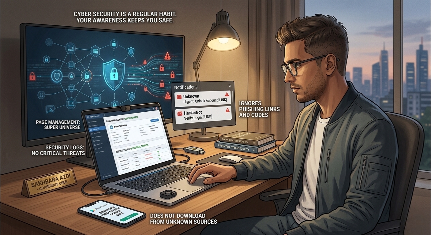 A conscious user managing website security and ignoring phishing links to protect Super Universe page.
