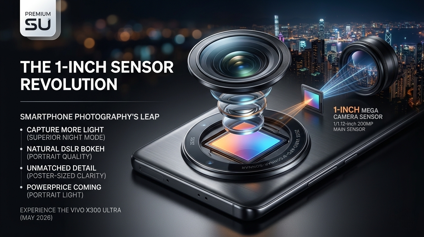 A high-end smartphone with an exploded view of a 1-inch mega camera sensor, Zeiss lens, and technical details for Vivo X300 Ultra.