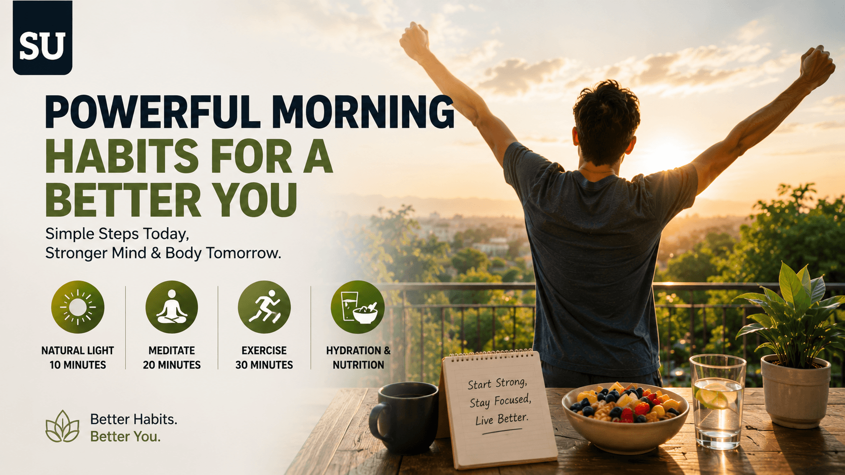 Man stretching in front of a sunrise balcony with bold text about powerful morning habits, meditation, exercise, hydration, and healthy living with SU logo.