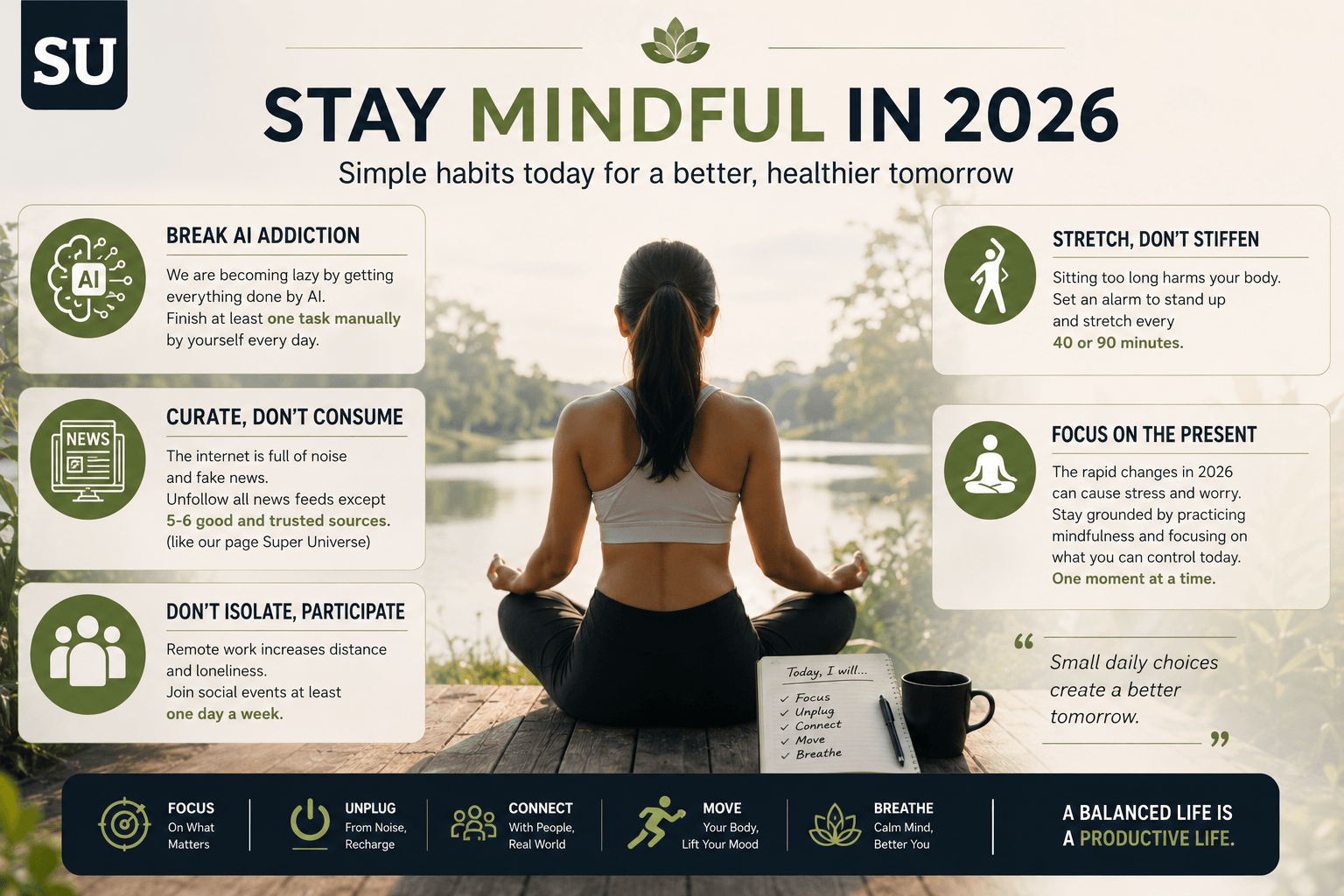 Woman meditating beside a lake with wellness tips about reducing AI addiction, avoiding fake news, social connection, stretching, and mindfulness in 2026 with SU logo.