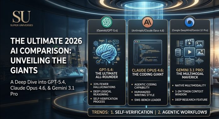 An infographic banner comparing GPT-5.4, Claude Opus 4.6, and Gemini 3.1 Pro AI models with the SU Super Universe logo in a futuristic tech lab background.